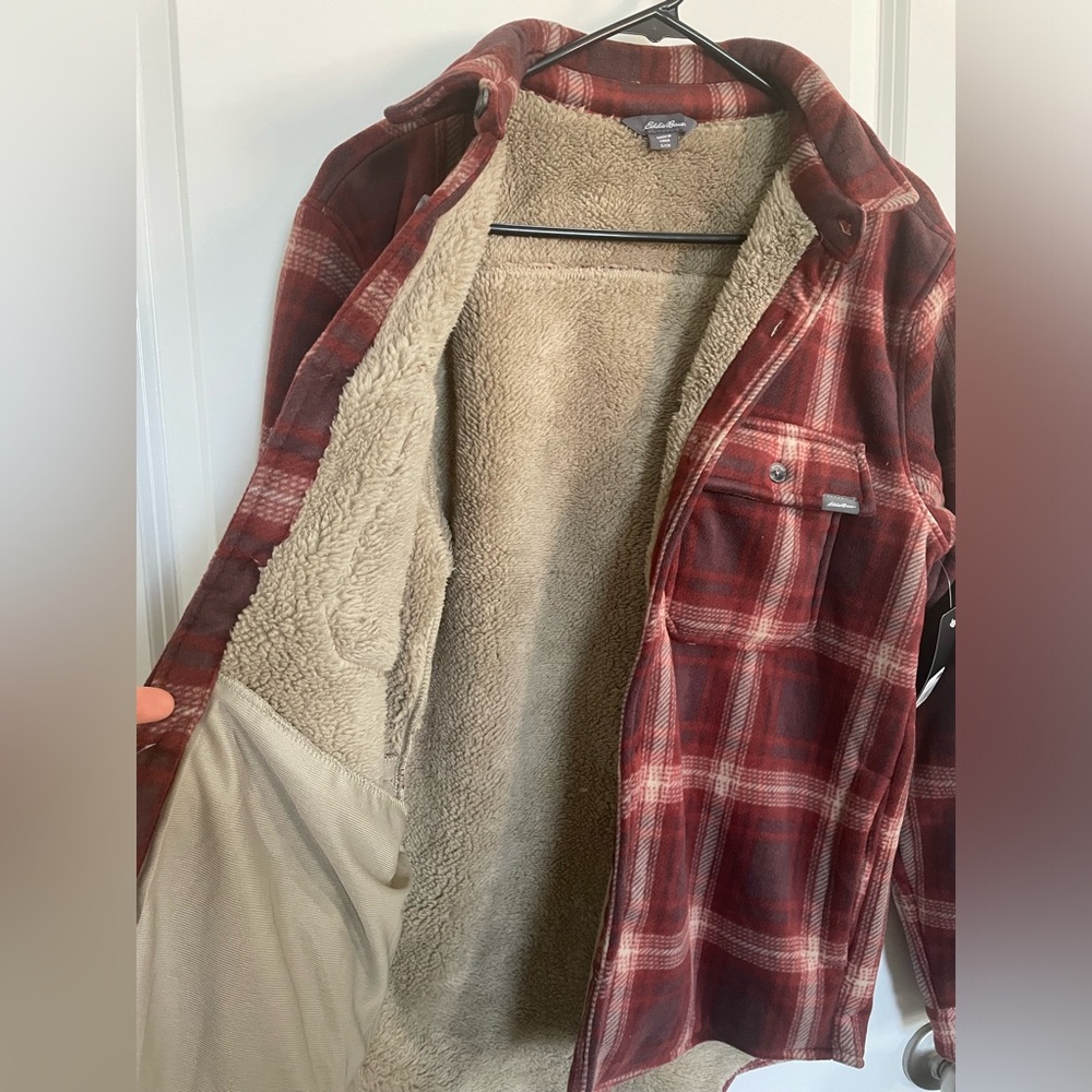 Eddie Bauer Mens Plaid Sherpa Shirt Jacket S Cozy Winter Country Cabincore NWT